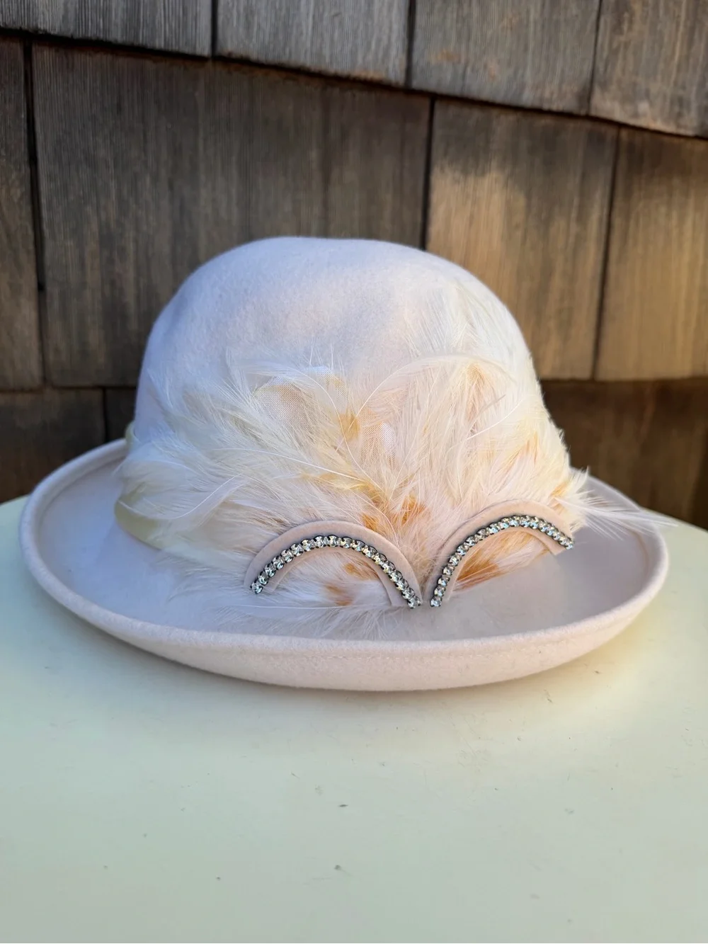 Vintage Mr Charles wool bowler brim hat cream color feathers rhinestones Sz 21”